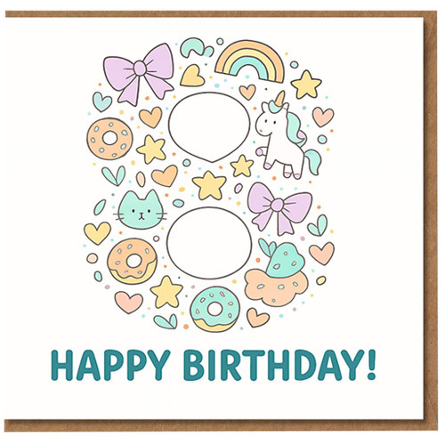 8th Birthday Card for Kids - Cute Unicorn, Rainbow, Bows, Doughnuts and Stars - Number 8 Pastel Doodle Design with 'Happy Birthday'