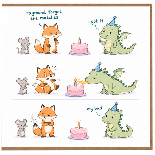 Birthday Card, Funny Fox and Dragon Birthday Candle Joke Greeting Card