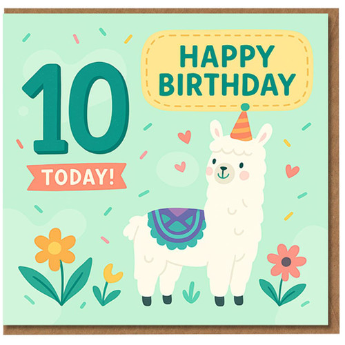 10th Birthday Card for Kids - Cute Llama in Party Hat with Flowers & Confetti - Bold 'Happy Birthday' and '10 Today'