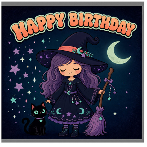 Birthday Card, Cute Witch and Black Cat Happy Birthday Card