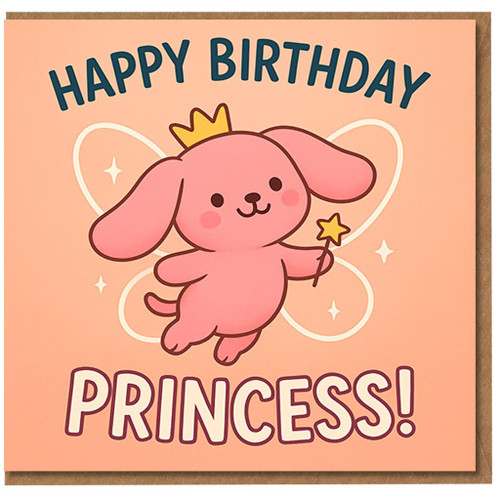 Happy Birthday Princess Card for Girl - Cute Pink Puppy with Crown and Wand - Kids Daughter Granddaughter Niece