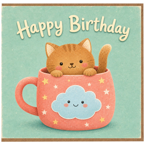 Birthday Card, Cute Kitten in Mug Happy Birthday Card