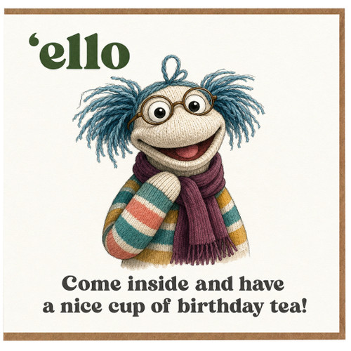 Birthday Card, Funny Birthday Tea Card with Knitted Character