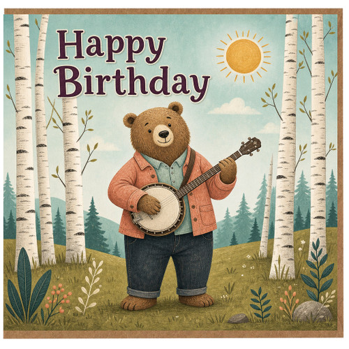 Birthday Card, Bear Banjo Woodland Birthday Card