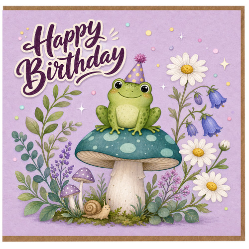 Birthday Card, Whimsical Frog on Mushroom Birthday Card