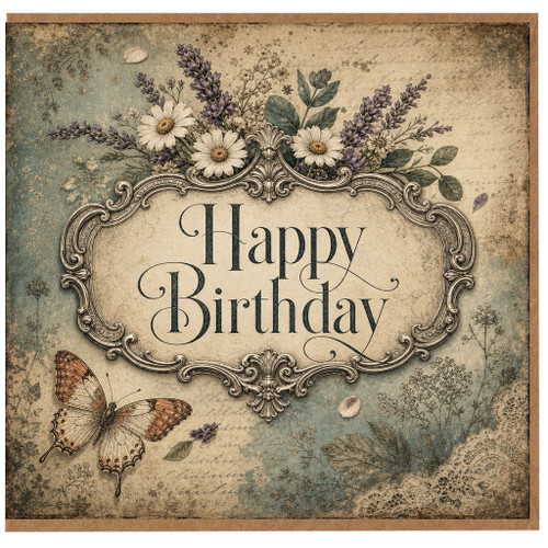Birthday Card, Vintage Floral Butterfly Birthday Card