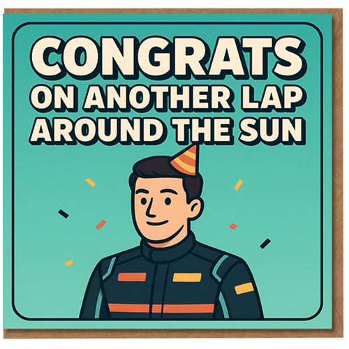 Congrats on Another Lap Around the Sun Birthday Card - Funny Racing Theme with Party Hat Character and Confetti