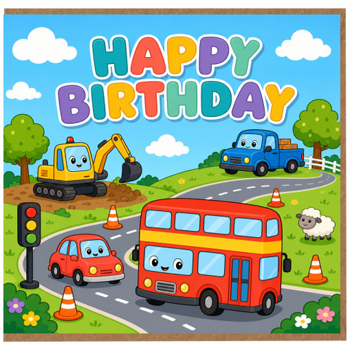 Birthday Card, Cute Cartoon Vehicles Happy Birthday Card