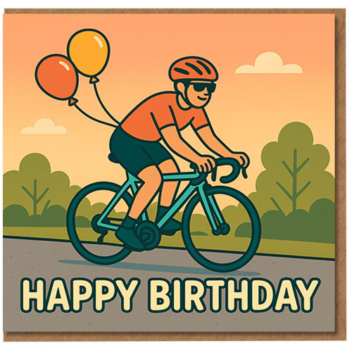 Happy Birthday Cyclist Card - Road Bike Rider with Balloons Illustration for Cycling Lovers, Men or Women - Fun Bicycle Greeting Card