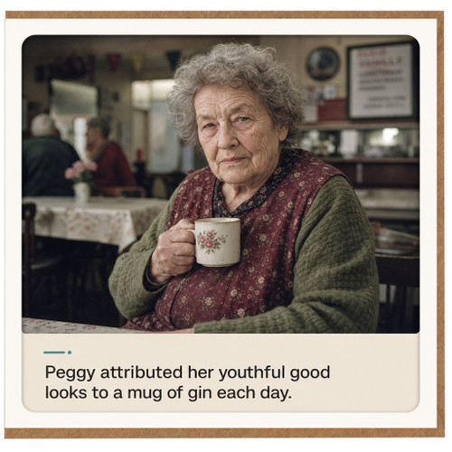 Birthday Card, Youthful Good Looks and Mug of Gin Humour Card