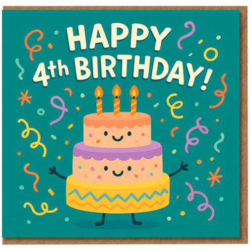 4th Birthday Card for Kids - Cute Cake Character with Confetti - Happy 4th Birthday