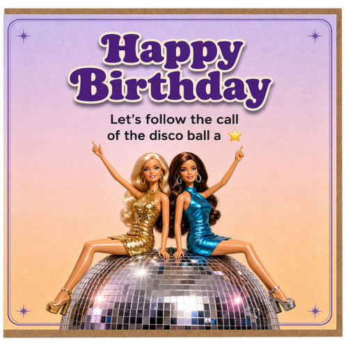 Birthday Card, Retro Disco Dolls on Disco Ball Birthday Card