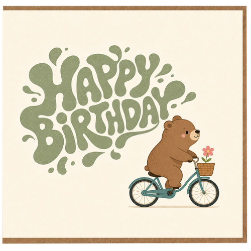 Birthday Card, Cute Bear Bicycle Flower Basket Card