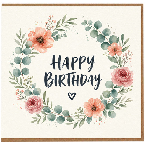 Birthday Card, Floral Wreath Birthday Card with Pink Flowers and Eucalyptus