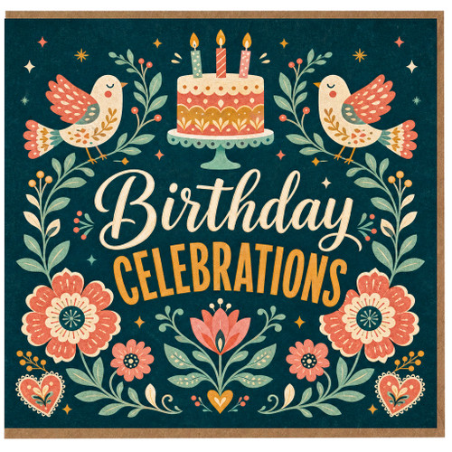 Birthday Card, Birthday Celebrations Card with Birds and Cake
