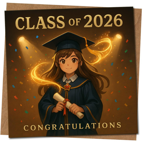 Class of 2026 Graduation Card - Congratulations Graduate - 145mm x 145mm Square Greeting Card - Girl in Cap and Gown, Confetti, Includes Kraft Envelope