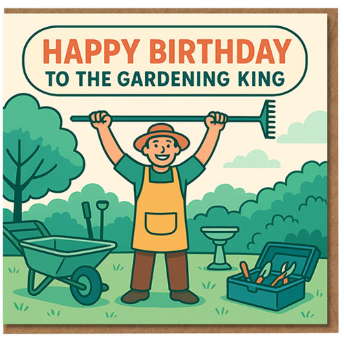 Happy Birthday to the Gardening King Card - Cartoon Gardener with Rake, Wheelbarrow and Tool Box - Funny Garden Lover Birthday Card for Him, Dad or Grandad