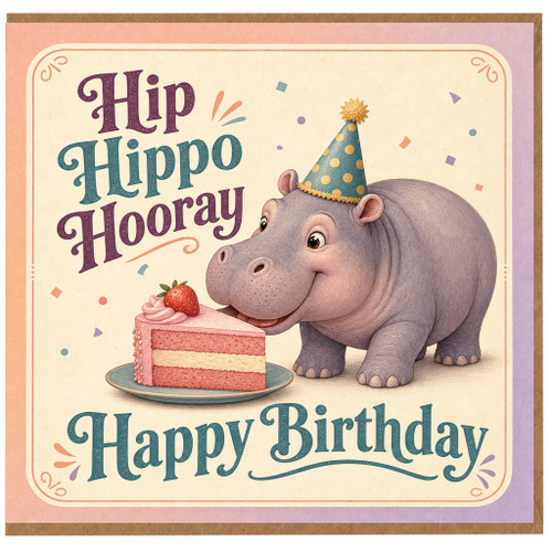 Birthday Card, with Hippo and Cake