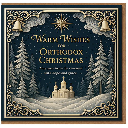 Orthodox Christmas Card - Warm Wishes, Snowy Church and Pine Trees, Star and Bells, Elegant Religious Winter Scene
