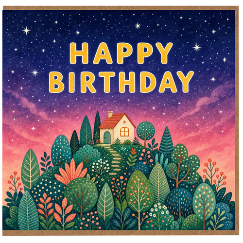 Birthday Card, Whimsical Night Sky House and Forest Design