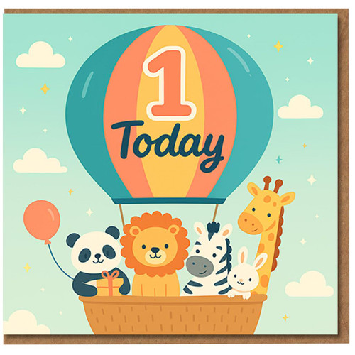 1 Today First Birthday Card - Hot Air Balloon with Cute Panda, Lion, Zebra, Bunny & Giraffe - Child’s 1st Birthday Card for Boy or Girl