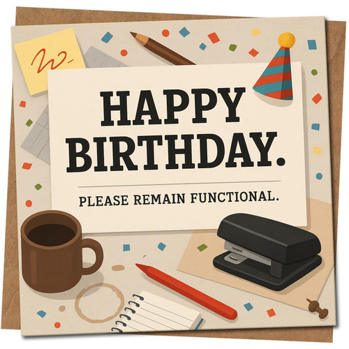 Funny Birthday Card - Please Remain Functional - Office Humour Desk Theme - 145mm x 145mm - For Colleague Friend Him Her, Includes Kraft Envelope