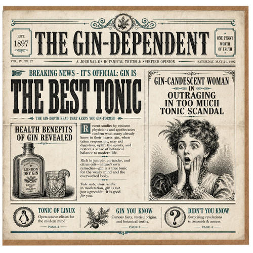 Birthday Card, Funny Gin Lover Card, Vintage Newspaper Style Card
