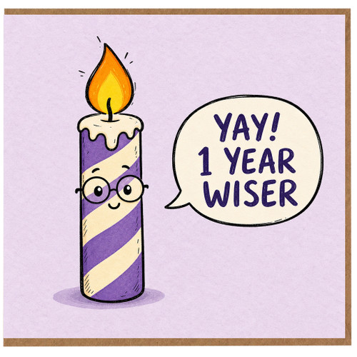 1st Birthday Card, Yay 1 Year Wiser Cute Candle Card