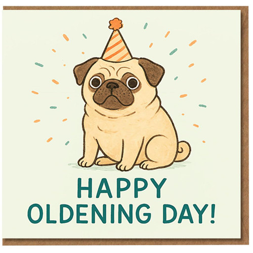 Funny Pug Birthday Card - Happy Oldening Day - Cute Dog Party Hat Pun for Him, Her or Friend, Dog Lovers