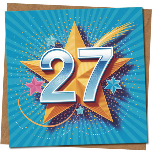 27th Birthday Card - Blue & Gold Starburst - Age 27-145mm x 145mm Square - Bold Star Design -, Includes Kraft Envelope