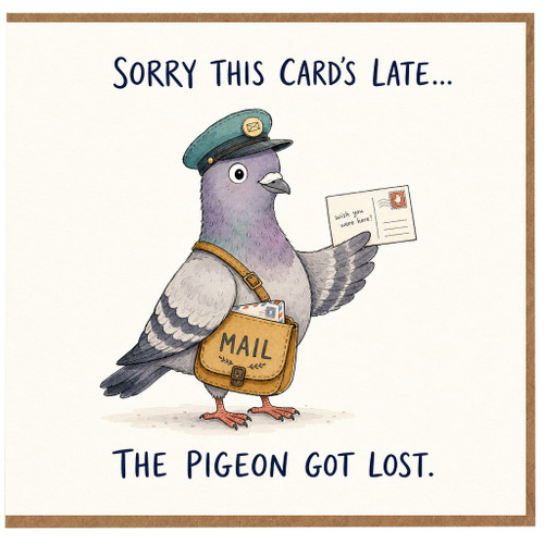 Birthday Card, Humorous Late Birthday Card, Pigeon Postman Pun Greeting Card
