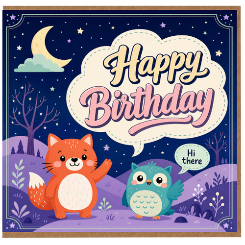 Birthday Card, Cute Woodland Animals Night Sky Design
