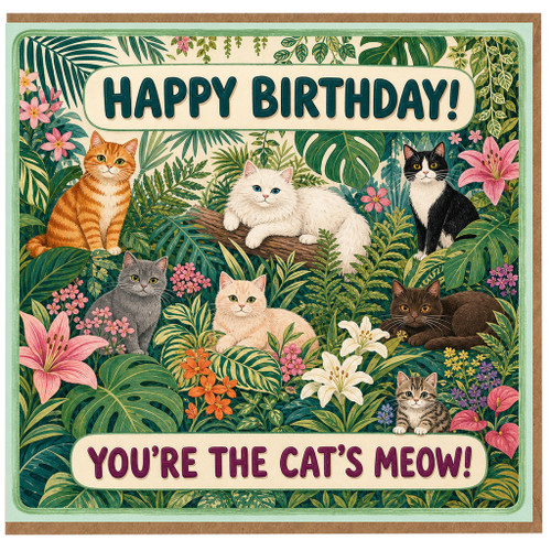 Birthday Card, You're the Cat's Meow, Cute Cats Tropical Jungle Birthday Greeting Card
