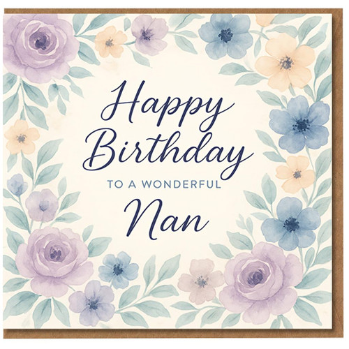 Nan Birthday Card - Happy Birthday to a Wonderful Nan - Elegant Watercolour Floral Wreath in Pastel Purples, Blues and Peach