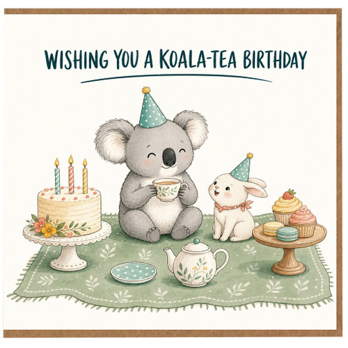 Birthday Card, Wishing You a Koala - tea Birthday Card, Cute Koala Tea Party Card