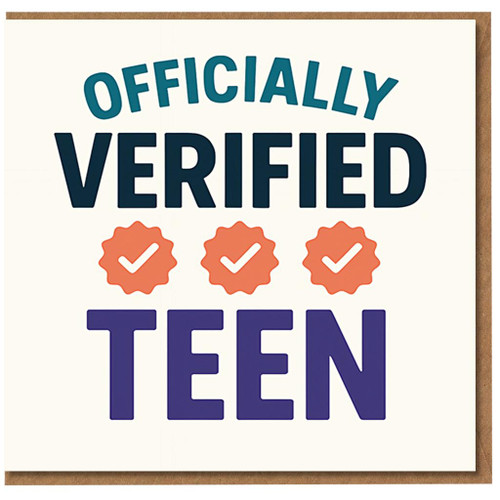 Officially Verified Teen Birthday Card - Funny Teenager Card with Tick Badges - Entering Teen Years - For Son, Daughter, Niece, Nephew or Friend