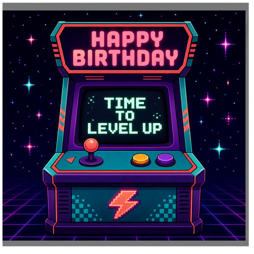Birthday Card, Happy Birthday Time to Level Up Retro Arcade Design
