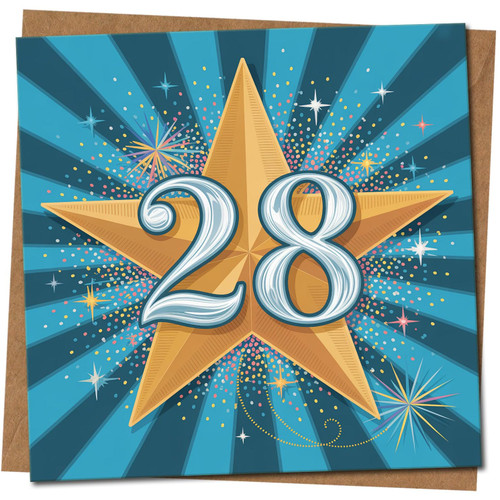 28th Birthday Card - Star and Sparkles Design - 145mm x 145mm Square - Age 28 Milestone Celebration - Blue and Gold -, Includes Kraft Envelope