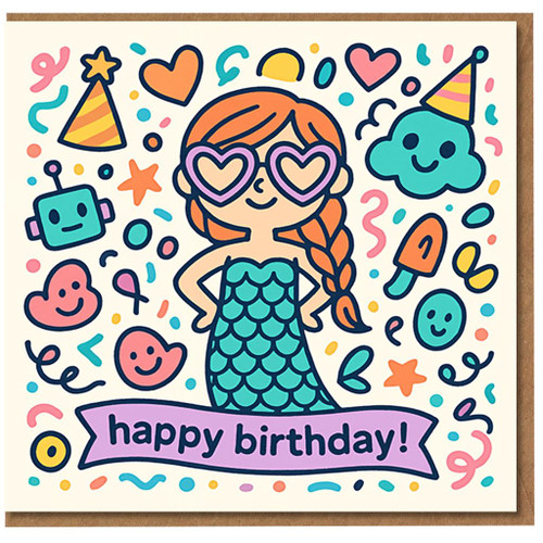 Cute Mermaid Birthday Card for Kids - Heart Sunglasses, Party Doodles & Confetti - Fun Cartoon with 'happy birthday!' Banner