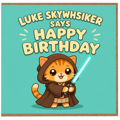 Birthday Card, Luke Skywhisker Cat Jedi Birthday Card