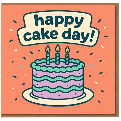 Happy Cake Day Birthday Card - Fun Illustrated Cake with Candles and Sprinkles - Playful Pun Greetings Card for Friends, Family and Colleagues