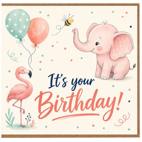Birthday Card, Cute Elephant and Flamingo Birthday Card