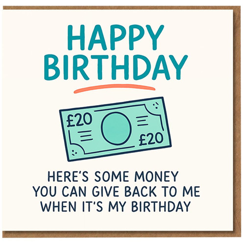 Funny Birthday Card - Happy Birthday, £20 Note Illustration, Here's Some Money You Can Give Back To Me When It's My Joke, for Him, Her, Friend, Adult