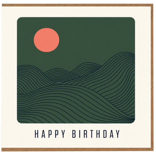 Birthday Card, Abstract Green Landscape with Sun and Waves