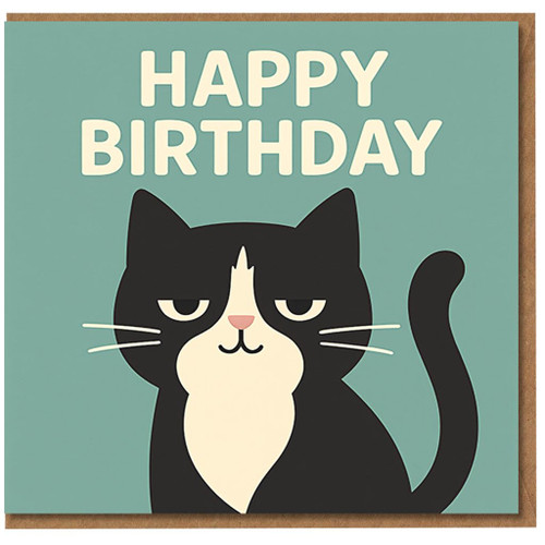 Funny Cat Birthday Card - Grumpy Black and White Cat with 'HAPPY BIRTHDAY' Text - Humorous Feline Design for Him, Her, Friends or Family