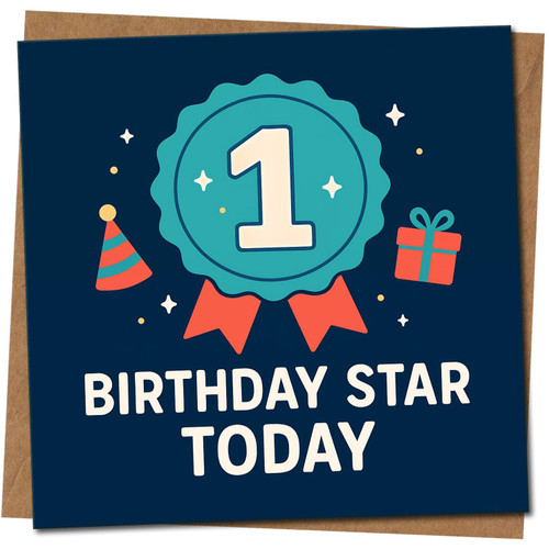 1st Birthday Card - Birthday Star Today Rosette Badge Design - Card Size 145mm x 145mm - Cute First for Kids, Includes Kraft Envelope