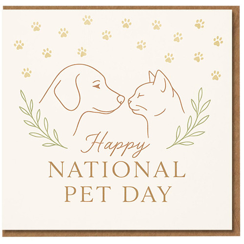 Happy National Pet Day Card - Dog and Cat Line Art with Paw Print Pattern - Cute Greeting for Pet Lovers, Dog Mums & Cat Dads