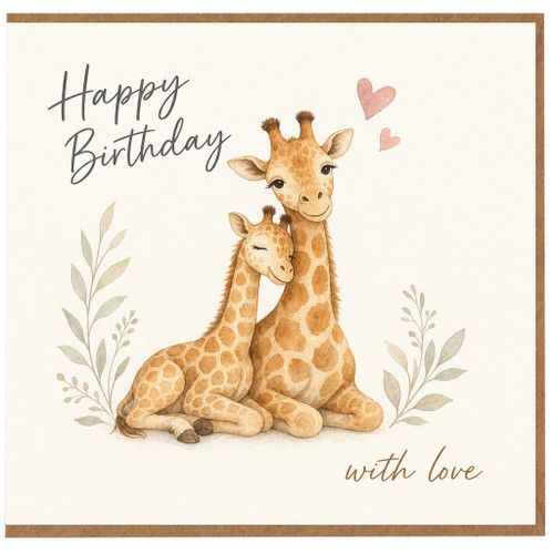 Birthday Card, Cute Giraffe na and Baby with Love