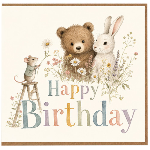 Birthday Card, Cute Bear Rabbit and Mouse Floral Happy Birthday Card