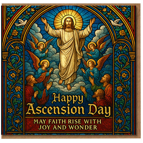 Happy Ascension Day Card - Stained-Glass Style Jesus Ascending with Angels and Doves - 'May Faith Rise with Joy and Wonder' Religious Christian Greeting